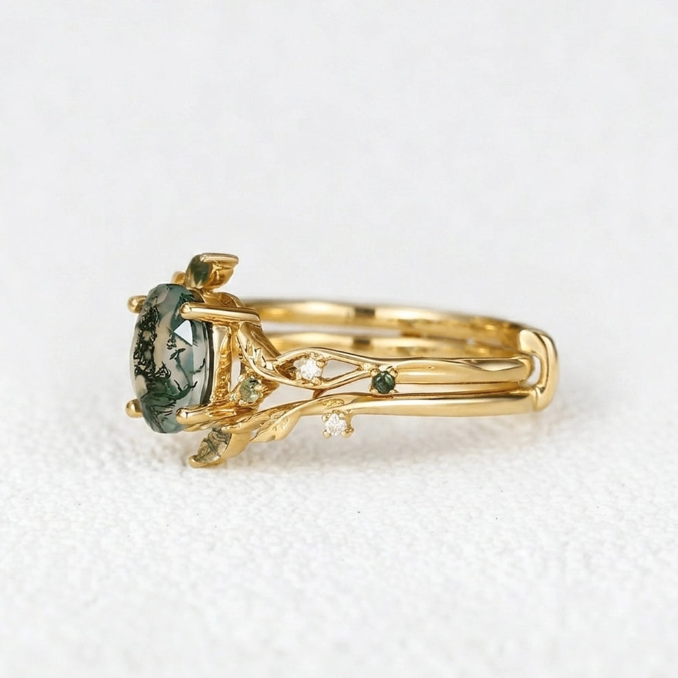 Melisande’s Tracery | Green Moss Agate Leaf Engagement Ring Set 2pcs.