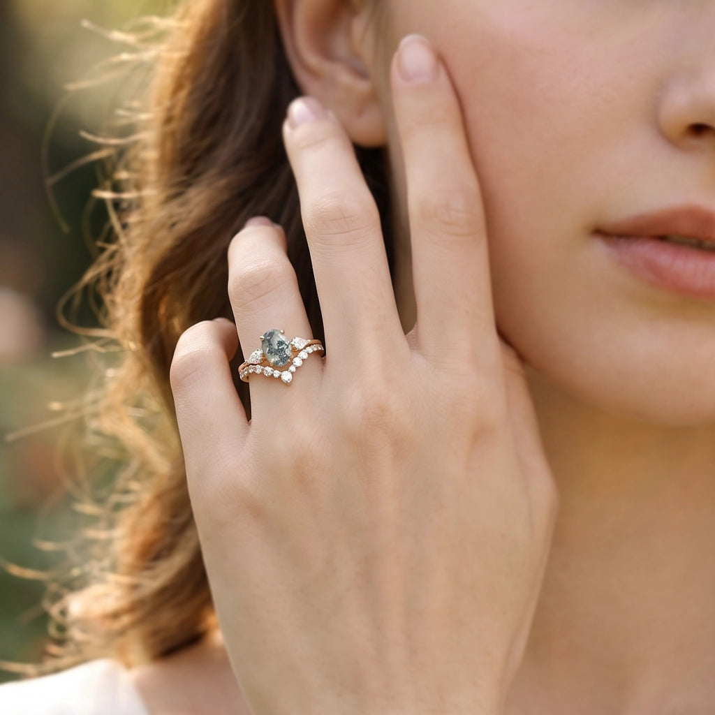 Rhea’s Harmony | Classic Oval Moss Agate Three Stone Bridal Set 2pcs.