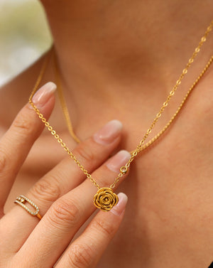 Delicate Gold Rose Pendant Necklace with Zirconia Charm
