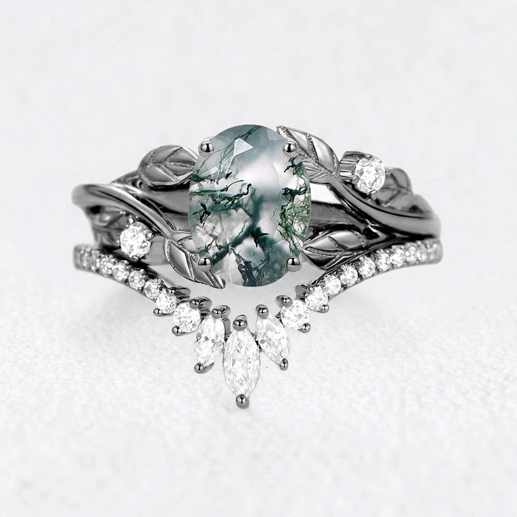 Sylvie’s Canopy | Oval Cut Moss Agate Leafy Bridal Set 2pcs