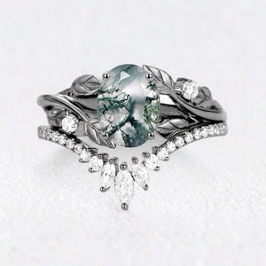 Sylvie’s Canopy | Oval Cut Moss Agate Leafy Bridal Set 2pcs