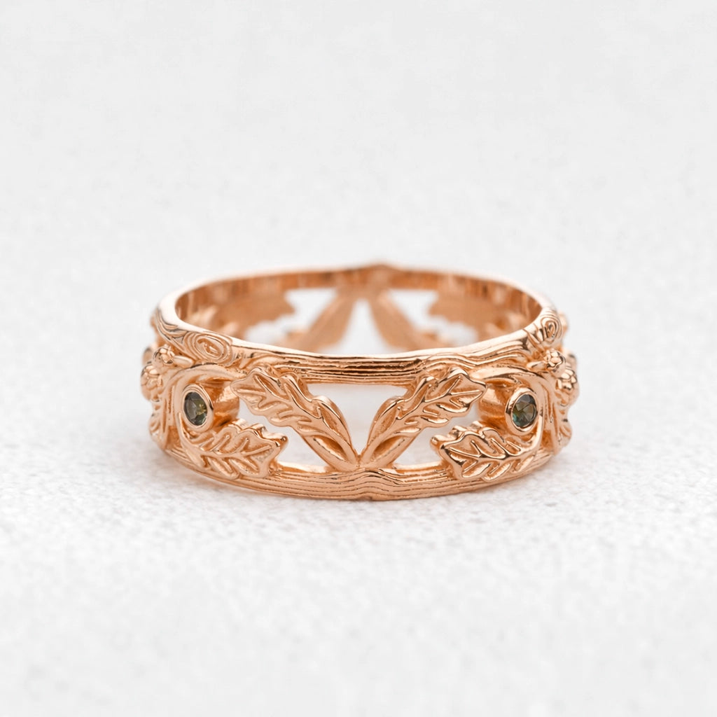 The Hollow Oak | Openwork Teal Sapphire Accented Acorn Men's Wedding Band.