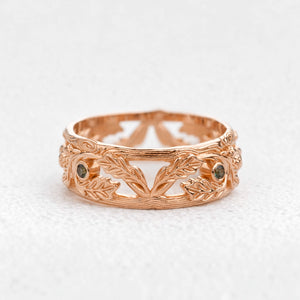 The Hollow Oak | Openwork Teal Sapphire Accented Acorn Men's Wedding Band.