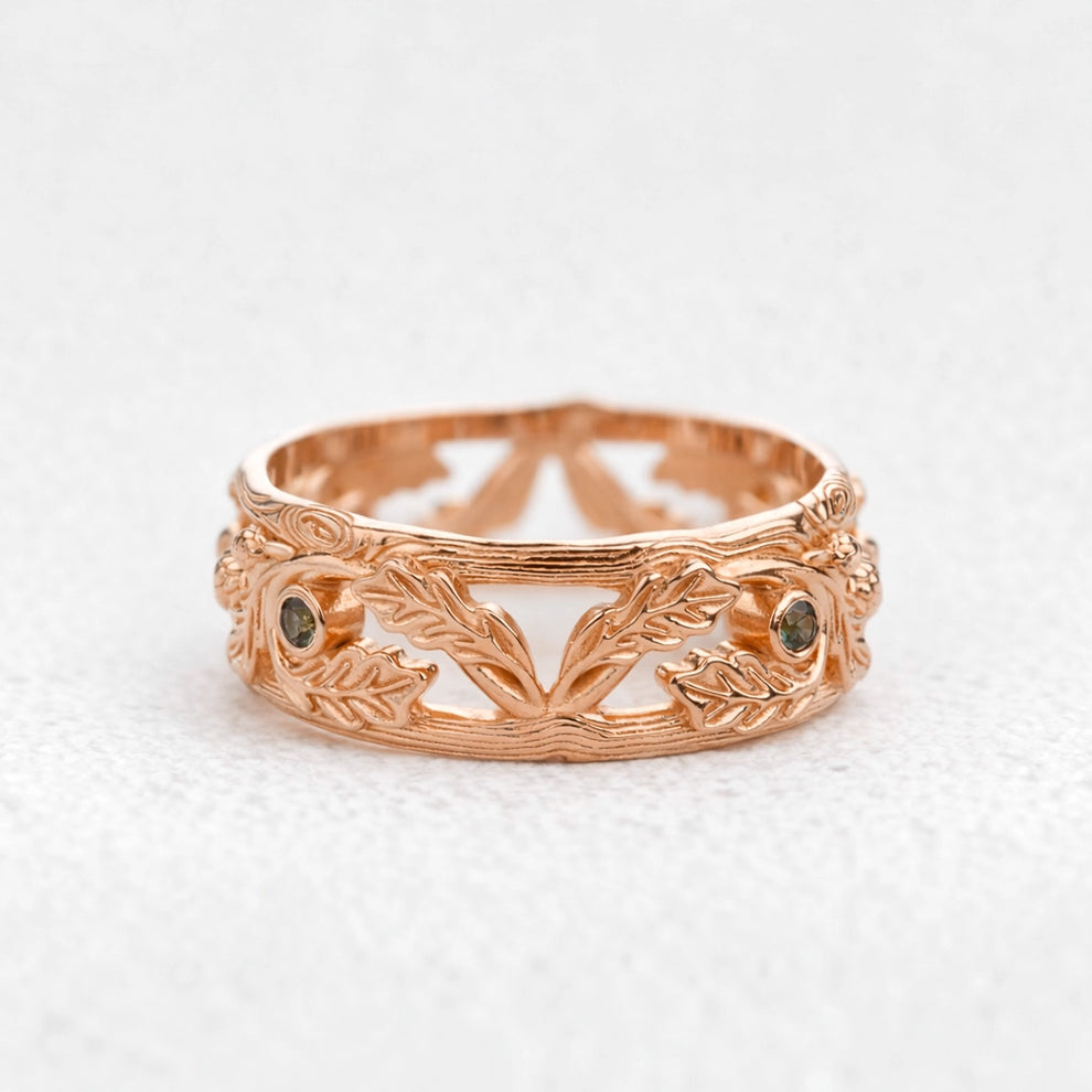 The Hollow Oak | Openwork Teal Sapphire Accented Acorn Men's Wedding Band.