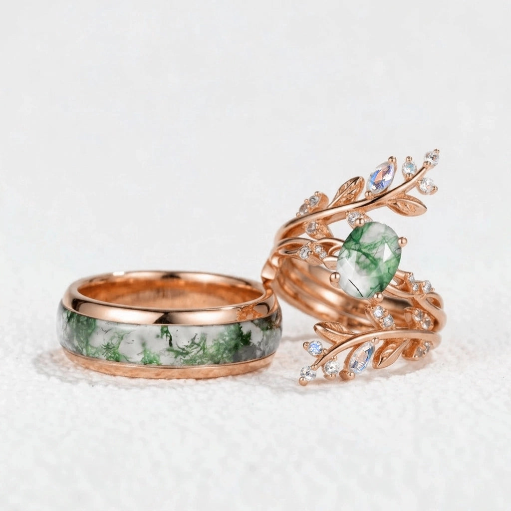 Sylvie’s Blackwood | Black Gold & Oval Moss Agate Couple Ring Set 3pcs.