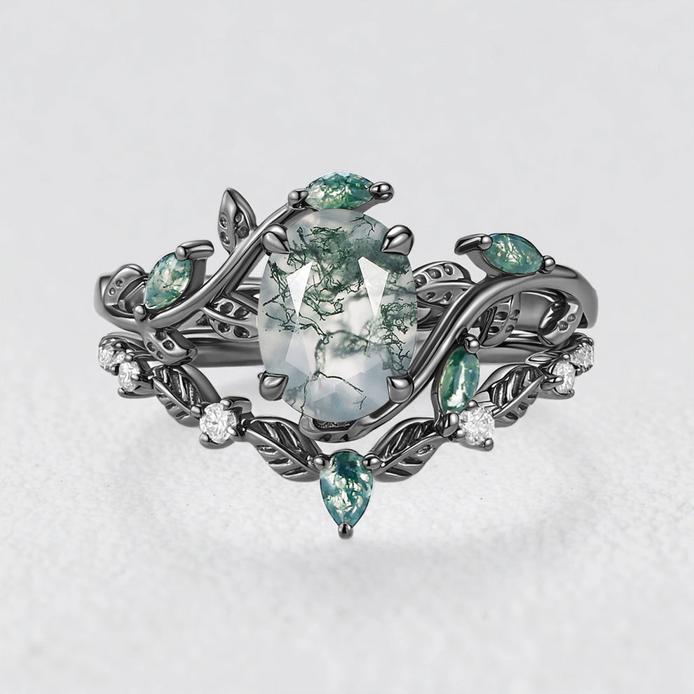 Daphne’s Vine | Oval Moss Agate Engagement Ring Set 2pcs.