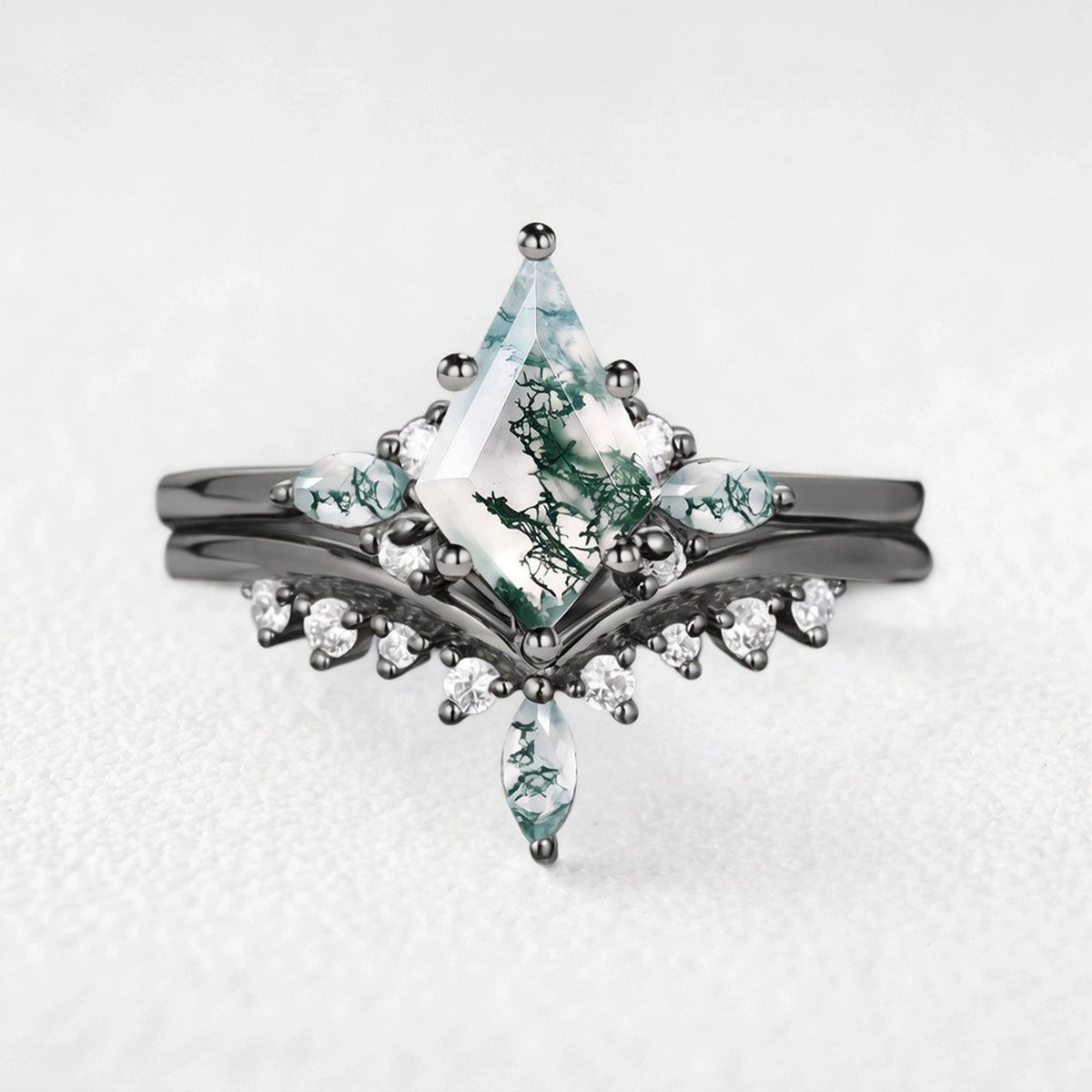 Cordelia’s Bower | Kite Cut Moss Agate Cluster Chevron Bridal Duo
