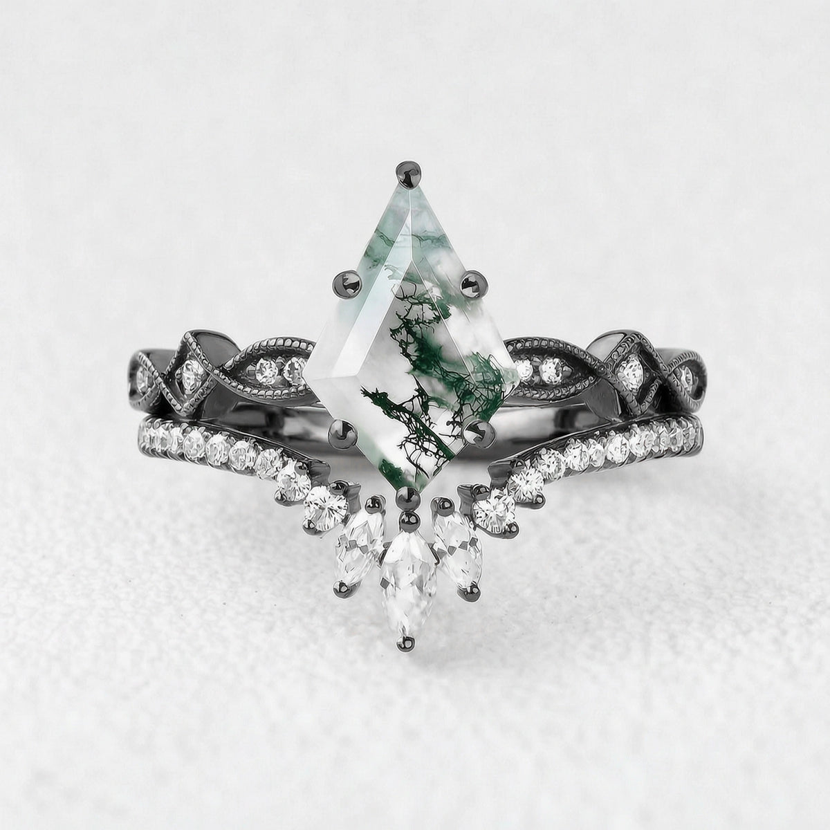 Sylvia‘s Glade | Kite Cut Moss Agate Chevron Bridal Duo