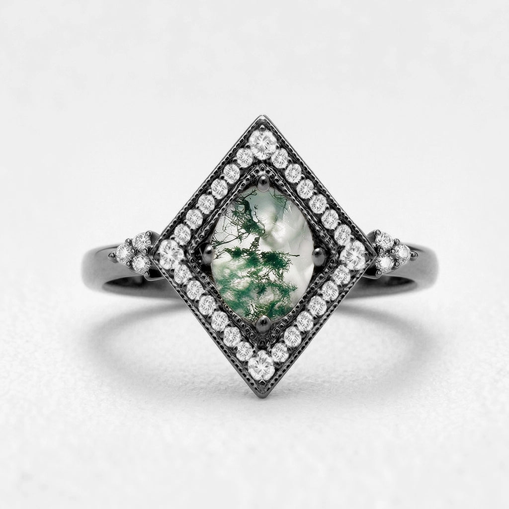 Unique Oval Cut Moss Agate Geometric Vintage Engagement Ring.