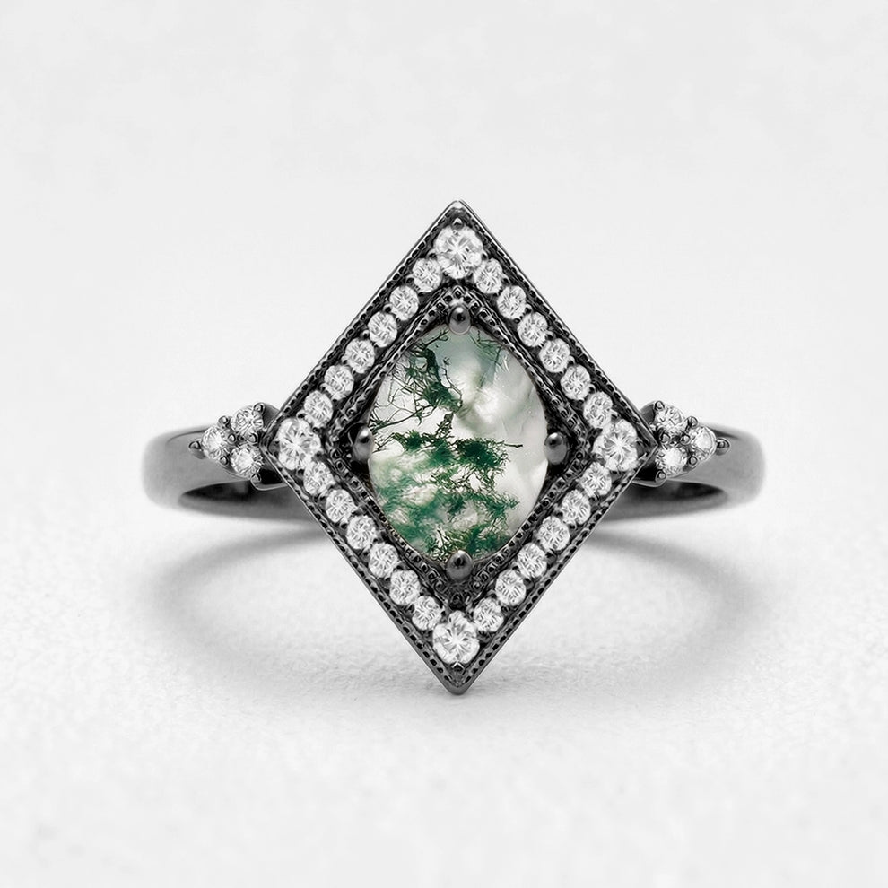 Unique Oval Cut Moss Agate Geometric Vintage Engagement Ring.