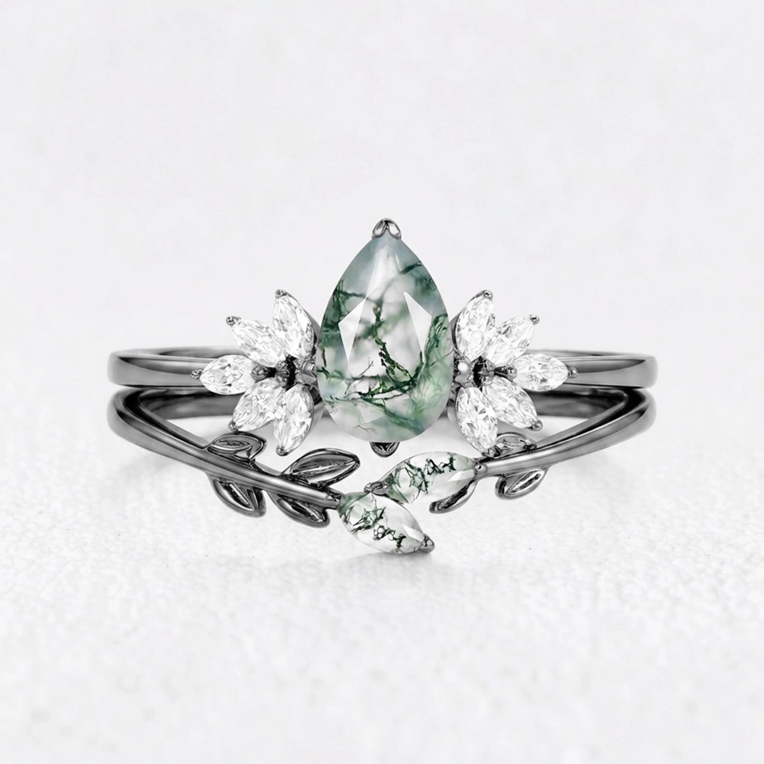 Daphne’s Verdure | Pear Cut Moss Agate Foliage Bridal Duo