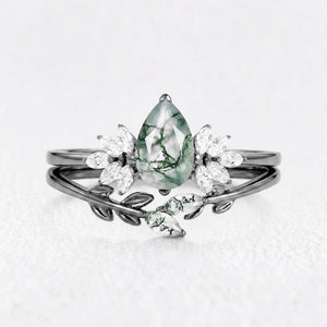 Daphne’s Verdure | Pear Cut Moss Agate Foliage Bridal Duo