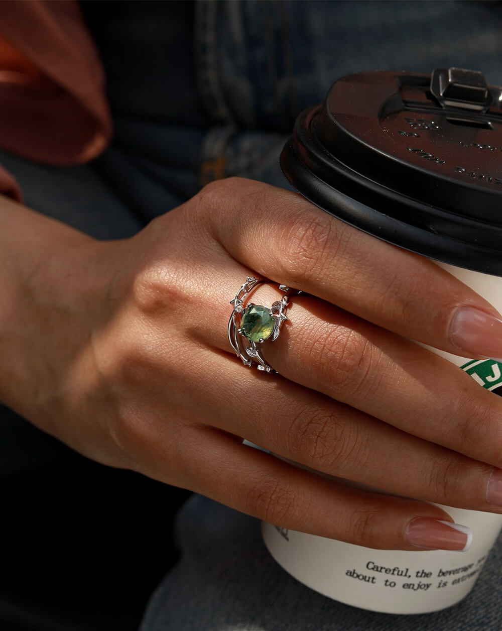 Stack Moss Agate Leaf Engagement Ring