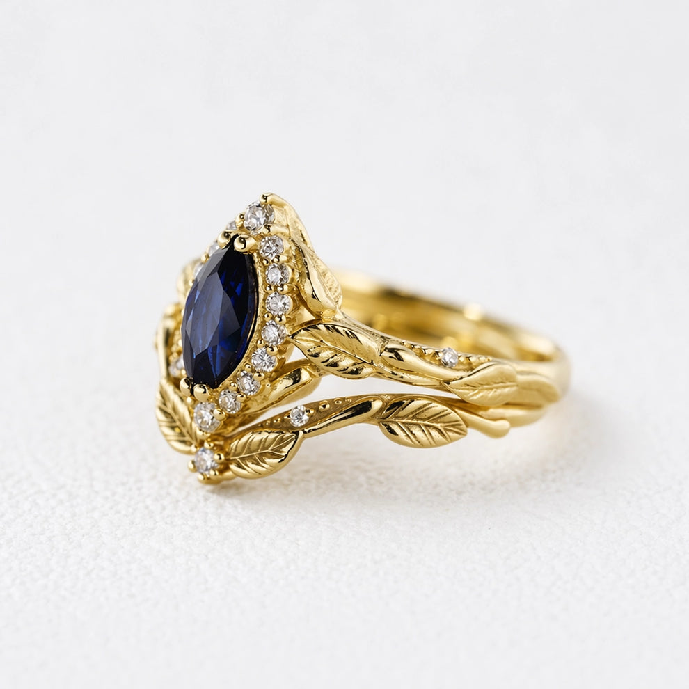 Victoria’s Diadem | Marquise Cut Sapphire & Diamond Halo Bridal Set 2pcs.