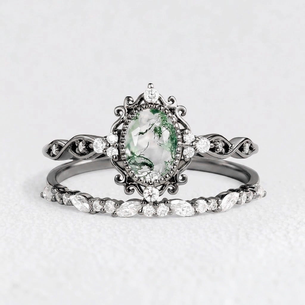 Marguerite’s Garland | Oval Moss Agate Vintage Bridal Set 2pcs