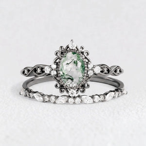 Margaret's Garden – Oval Cut Vintage Moss Agate Bridal Set 2pcs