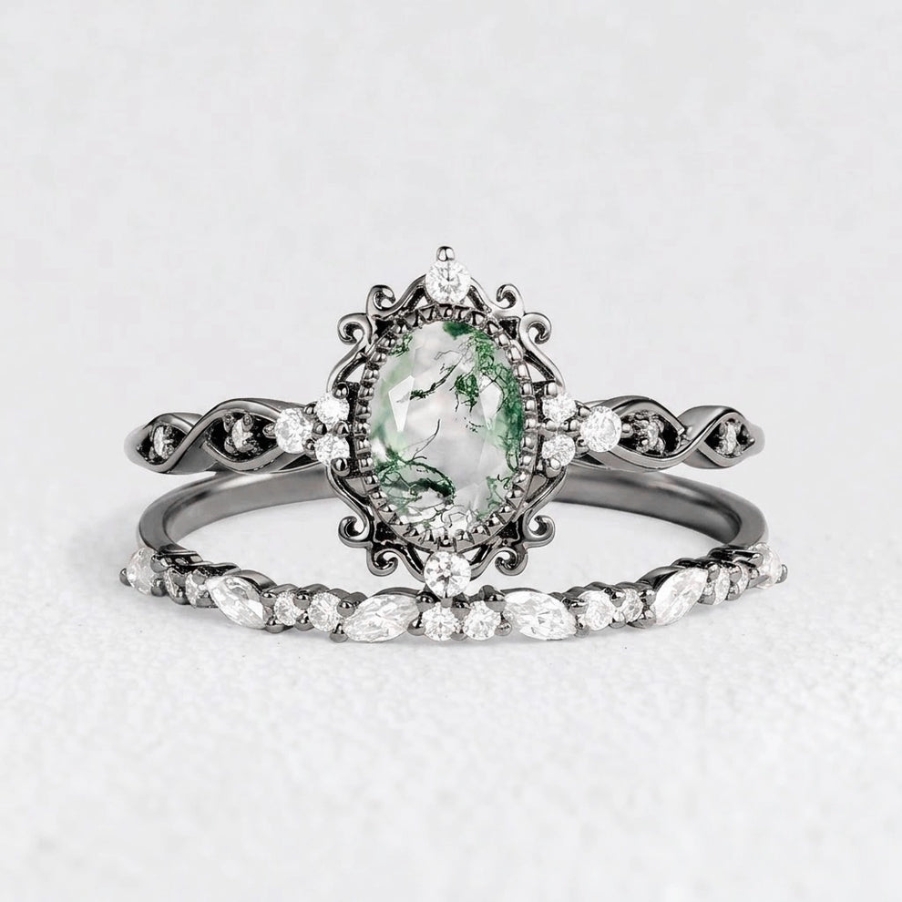 Marguerite’s Garland | Oval Moss Agate Vintage Bridal Set 2pcs