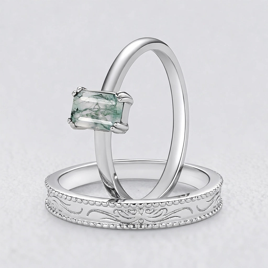 Daphne’s Clearing | Emerald Cut Moss Agate Couple Ring Set 2pcs.