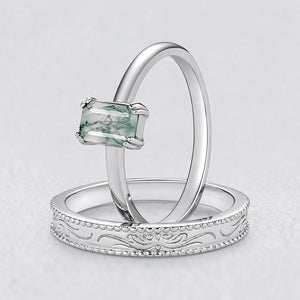 Daphne’s Clearing | Emerald Cut Moss Agate Couple Ring Set 2pcs.