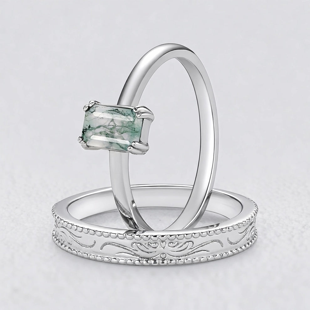 Daphne’s Clearing | Emerald Cut Moss Agate Couple Ring Set 2pcs.