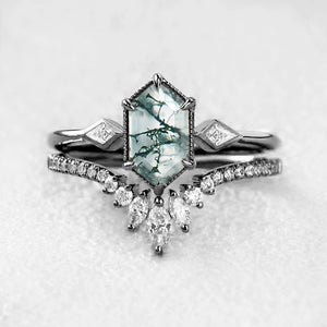 Elara’s Trio | Long Hexagon Moss Agate Three Stone Bridal Set 2pcs