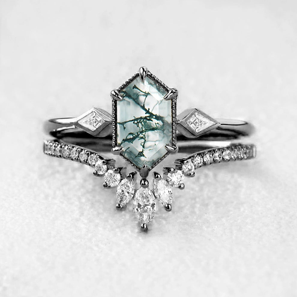 Elara’s Trio | Long Hexagon Moss Agate Three Stone Bridal Set 2pcs.