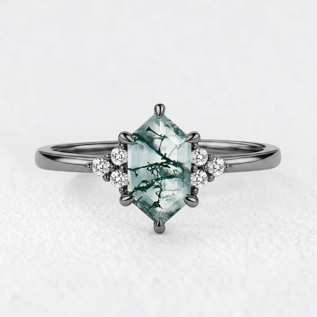 Isadora’s Grove | Vintage Hexagon Moss Agate Engagement Ring