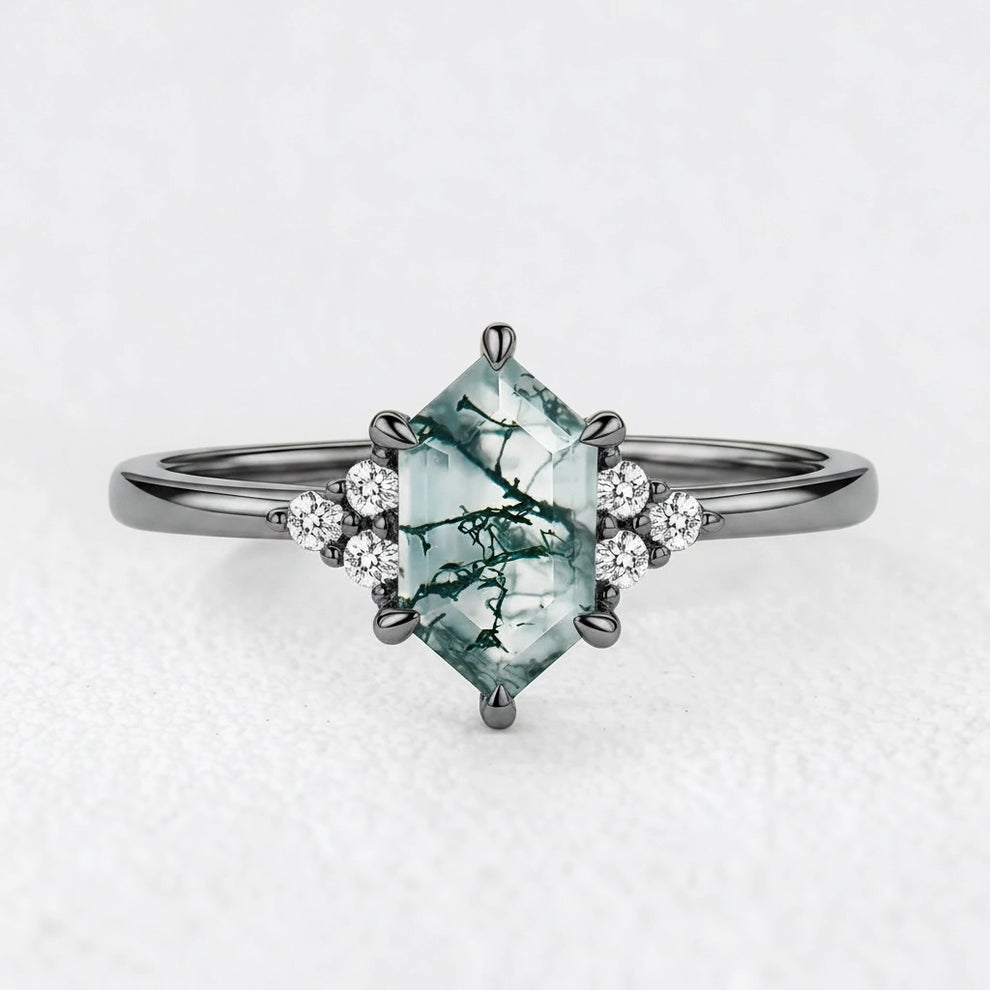 Isadora’s Grove | Vintage Hexagon Moss Agate Engagement Ring