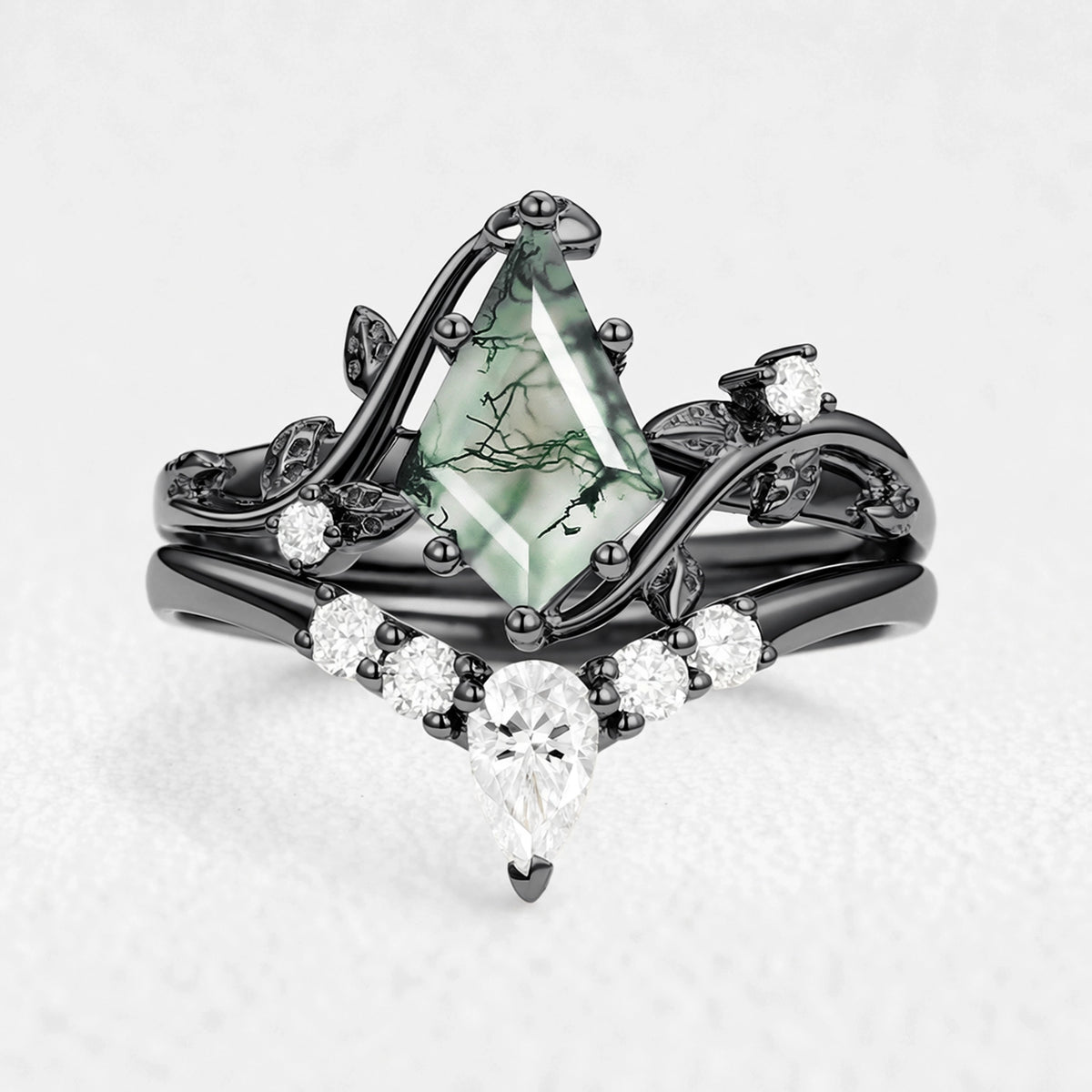 Isolde’s Hollow | Kite Cut Moss Agate Foliage Bridal Duo