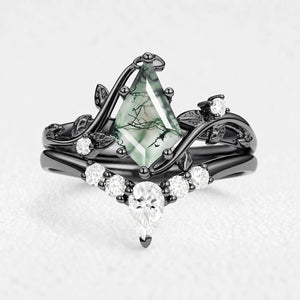 Isolde’s Hollow | Kite Cut Moss Agate Foliage Bridal Duo