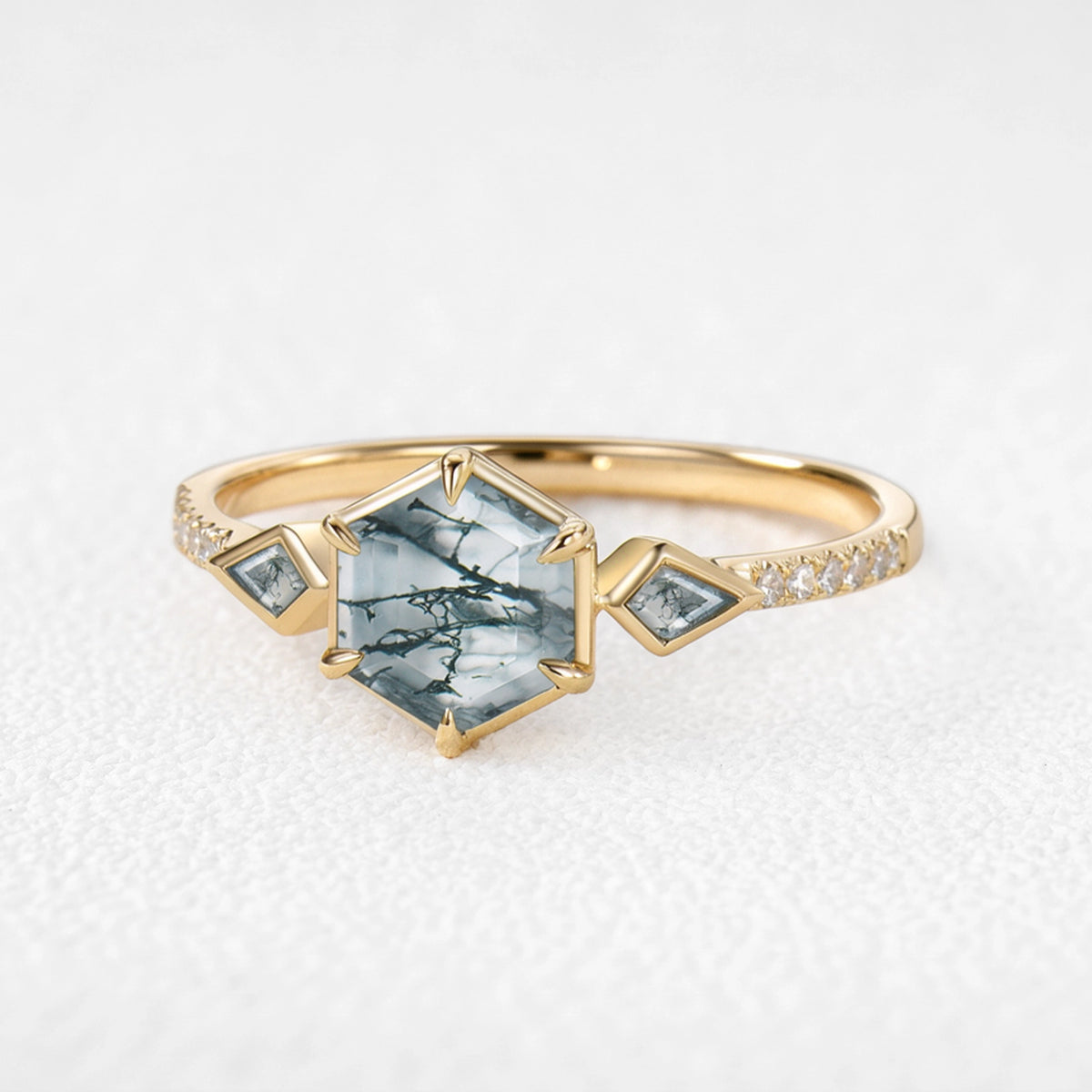 Beatrice‘s Hive | Hexagon Cut Moss Agate Bezel Engagement Ring