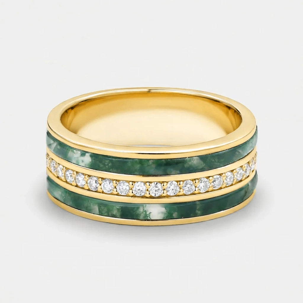 Isolde’s Enclave  | Vintage Long Hexagon Moss Agate & Moissanite Couple Ring Set 3pcs.