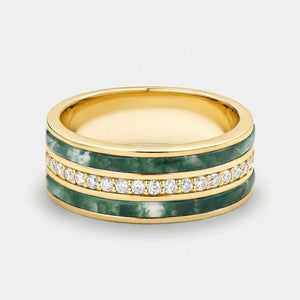 Isolde’s Enclave  | Vintage Long Hexagon Moss Agate & Moissanite Couple Ring Set 3pcs.