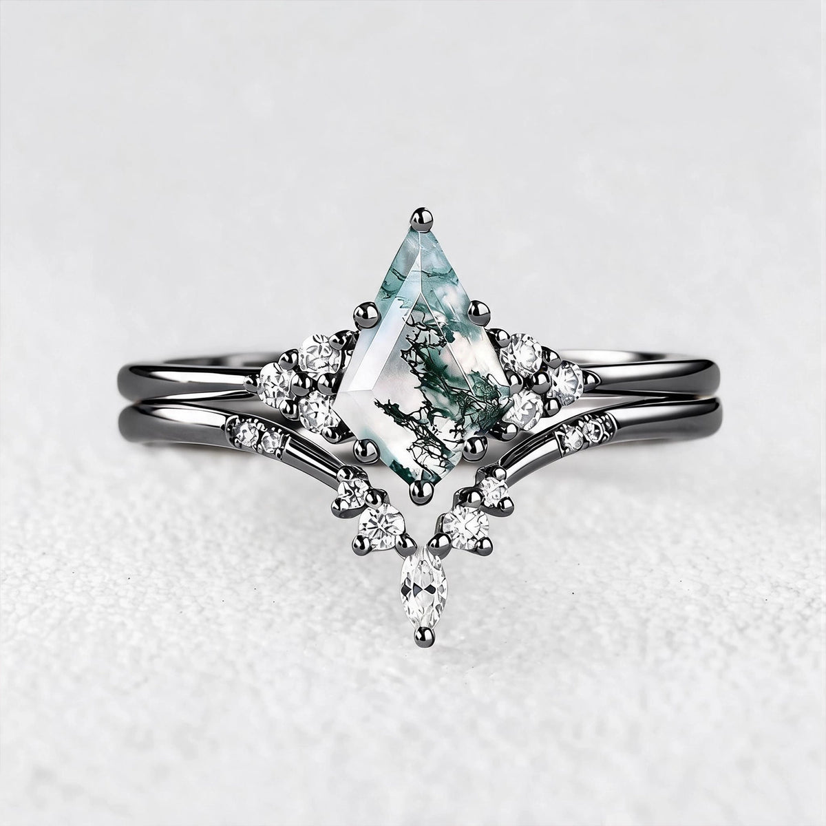 Cassandra’s Glade | Kite Cut Moss Agate & Chevron Bridal Duo