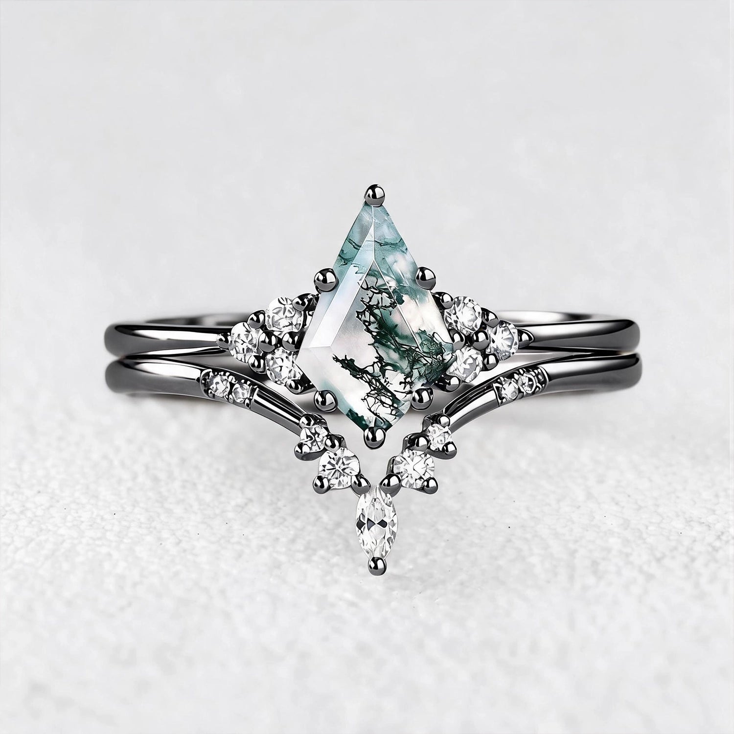 Cassandra’s Glade | Kite Cut Moss Agate & Chevron Bridal Duo