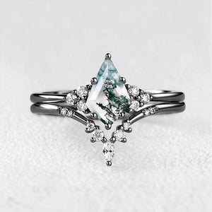 Cassandra’s Glade | Kite Cut Moss Agate & Chevron Bridal Duo