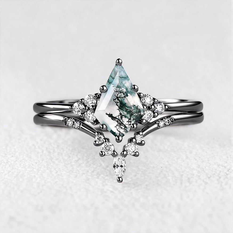Cassandra’s Glade | Kite Cut Moss Agate & Chevron Bridal Duo