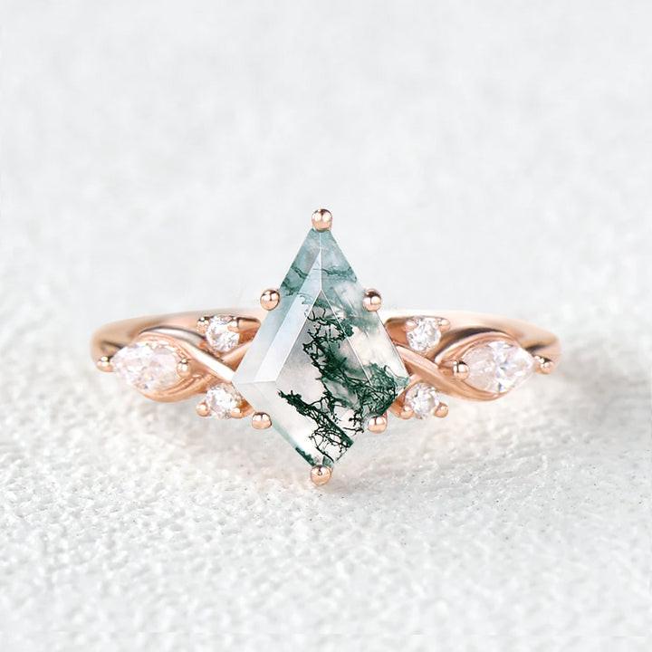 Unique Kite Cut Moss Agate Leafy Engagement Ring.