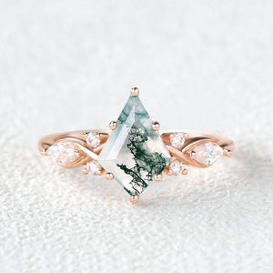 Unique Kite Cut Moss Agate Leafy Engagement Ring.