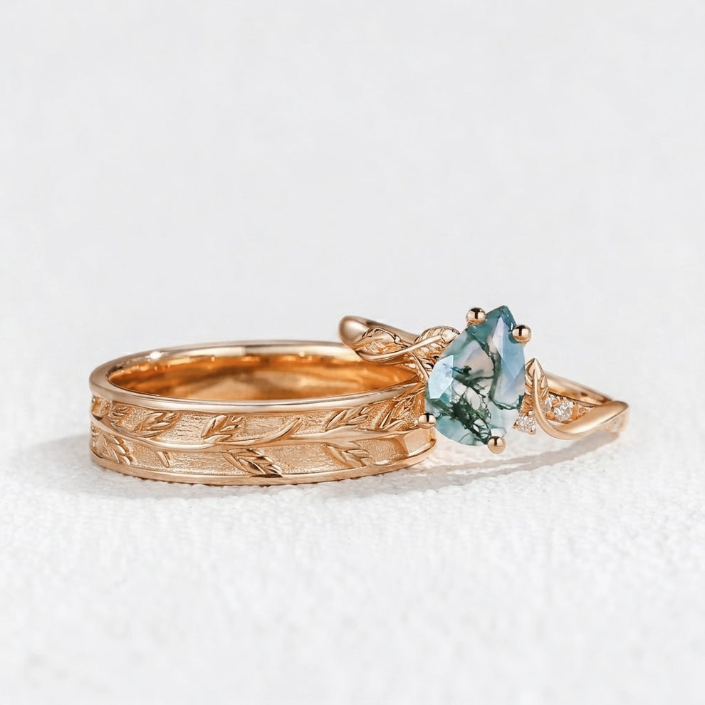 Laurel’s Spinney | Pear Moss Agate Leaf Wedding Band Couple Set 3pcs.
