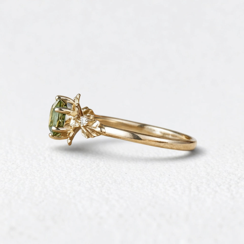 Sylvie’s Blossom | Round Green Sapphire Floral Engagement Ring.