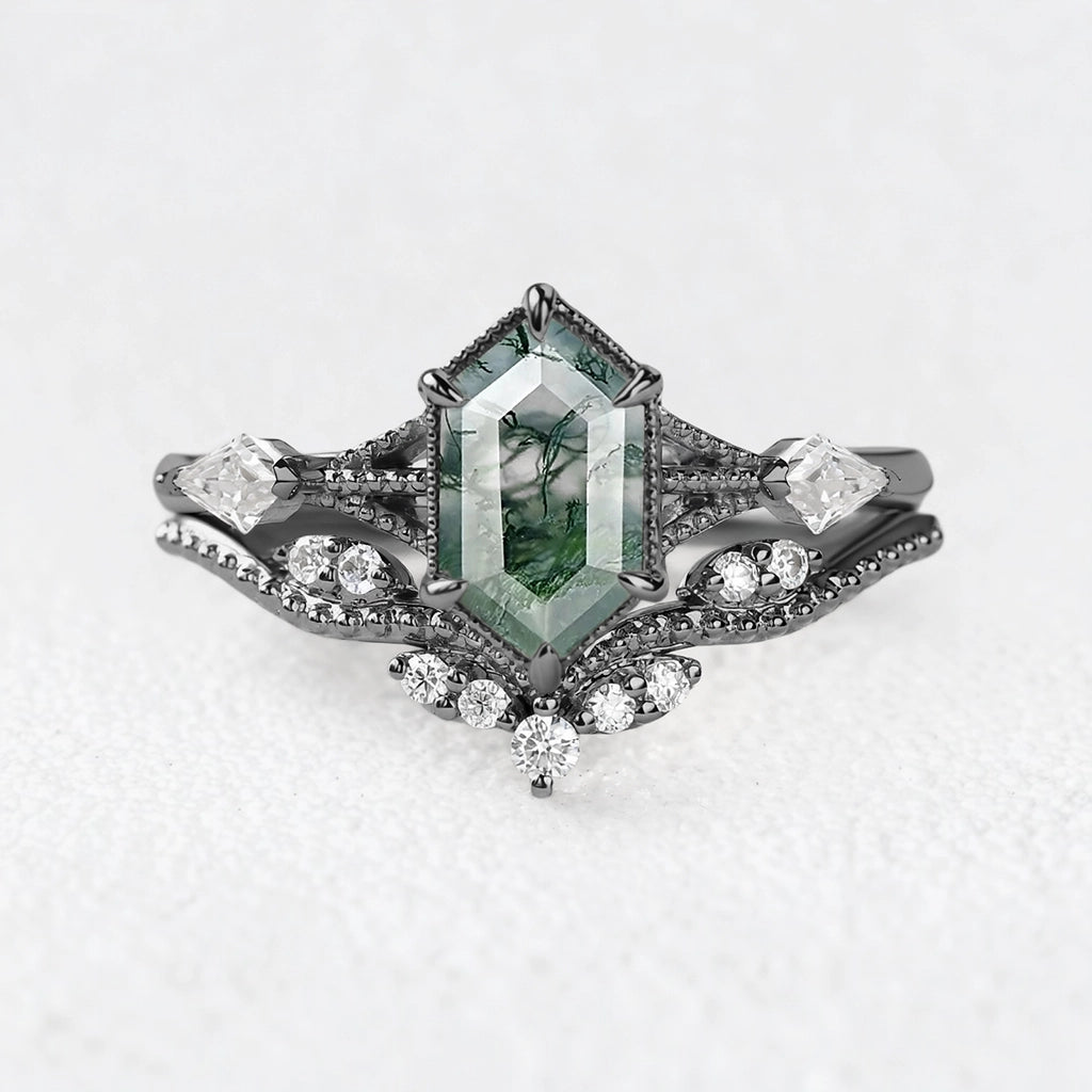 Genevieve’s Grove | Vintage Hexagon Moss Agate Bridal Duo