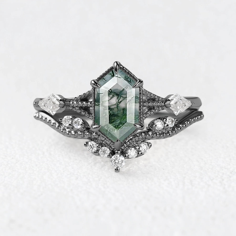 Genevieve’s Grove | Vintage Hexagon Moss Agate Bridal Duo