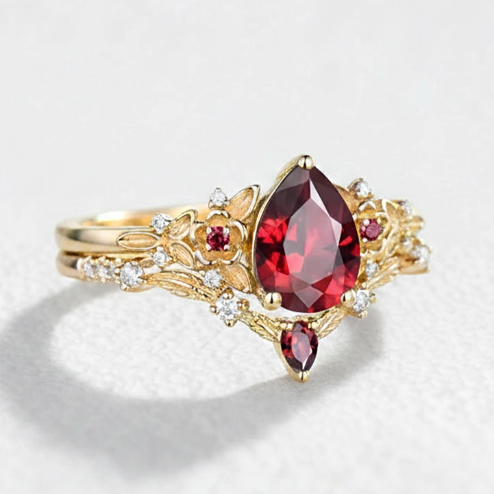 Scarlett’s Twig | Vintage Pear Red Ruby & Diamond Floral Bridal Set 2pcs.