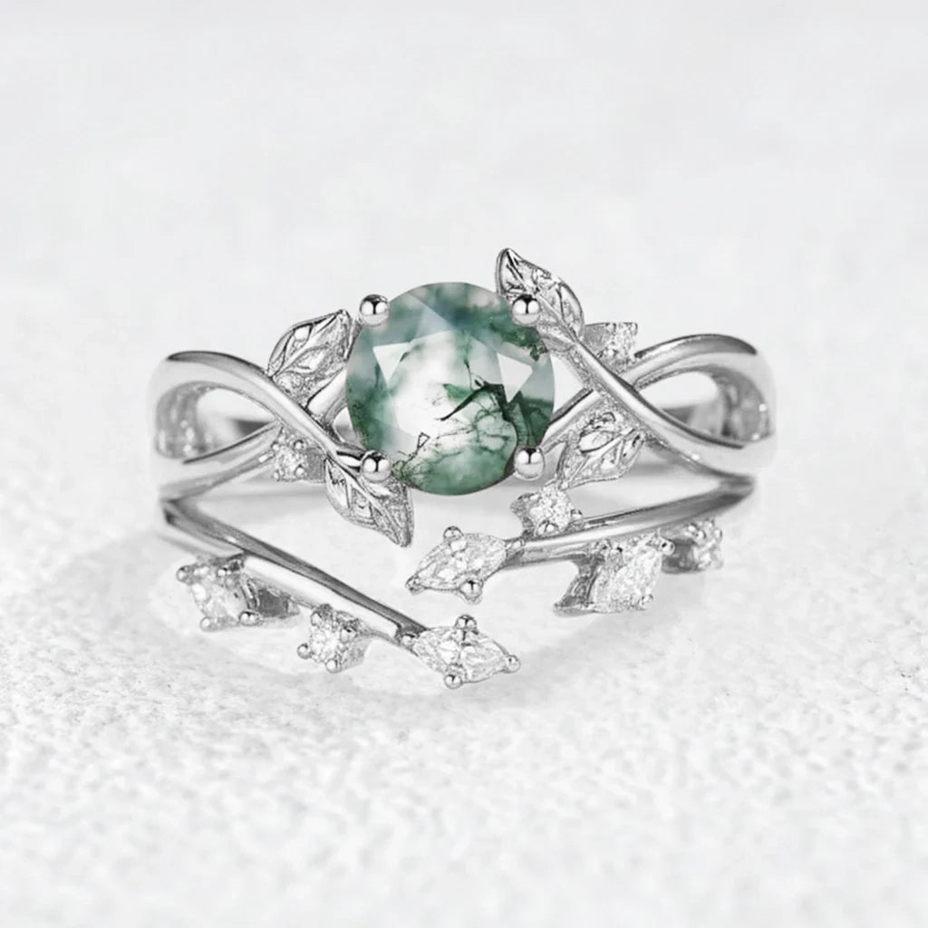 Cordelia Round Cut Moss Agate Leafy Infinity Bridal Set 2pcs.