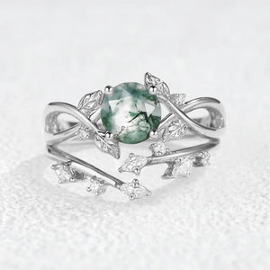 Cordelia Round Cut Moss Agate Leafy Infinity Bridal Set 2pcs.