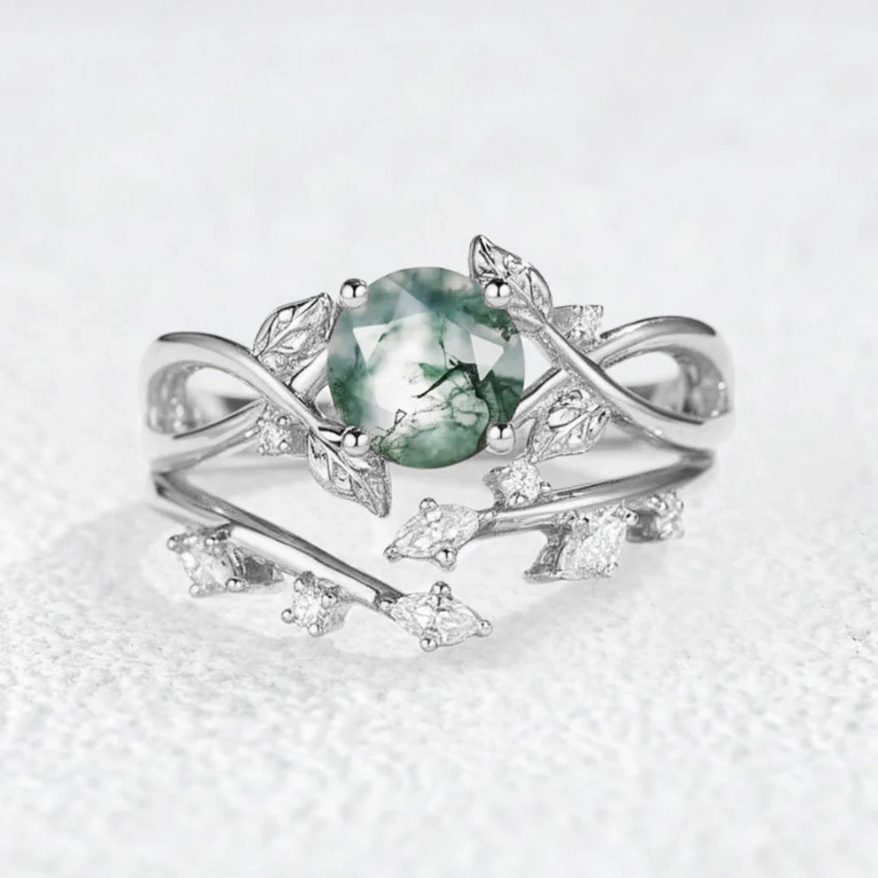 Cordelia Round Cut Moss Agate Leafy Infinity Bridal Set 2pcs.