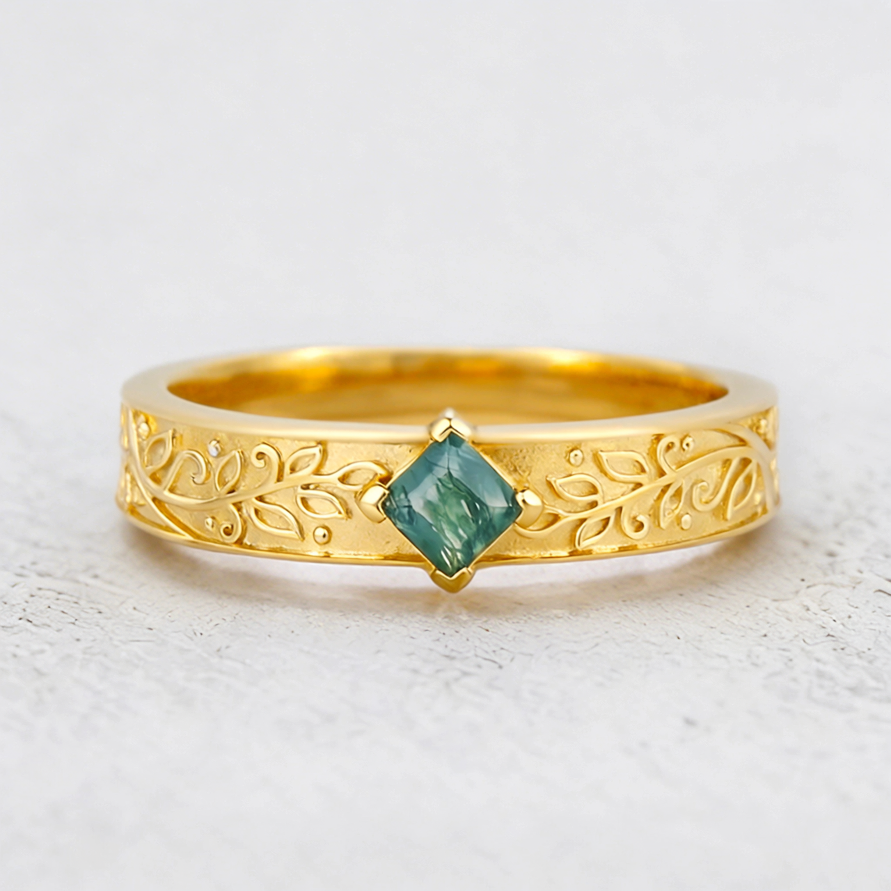 Oak Grain | Square Moss Agate Men's Band.