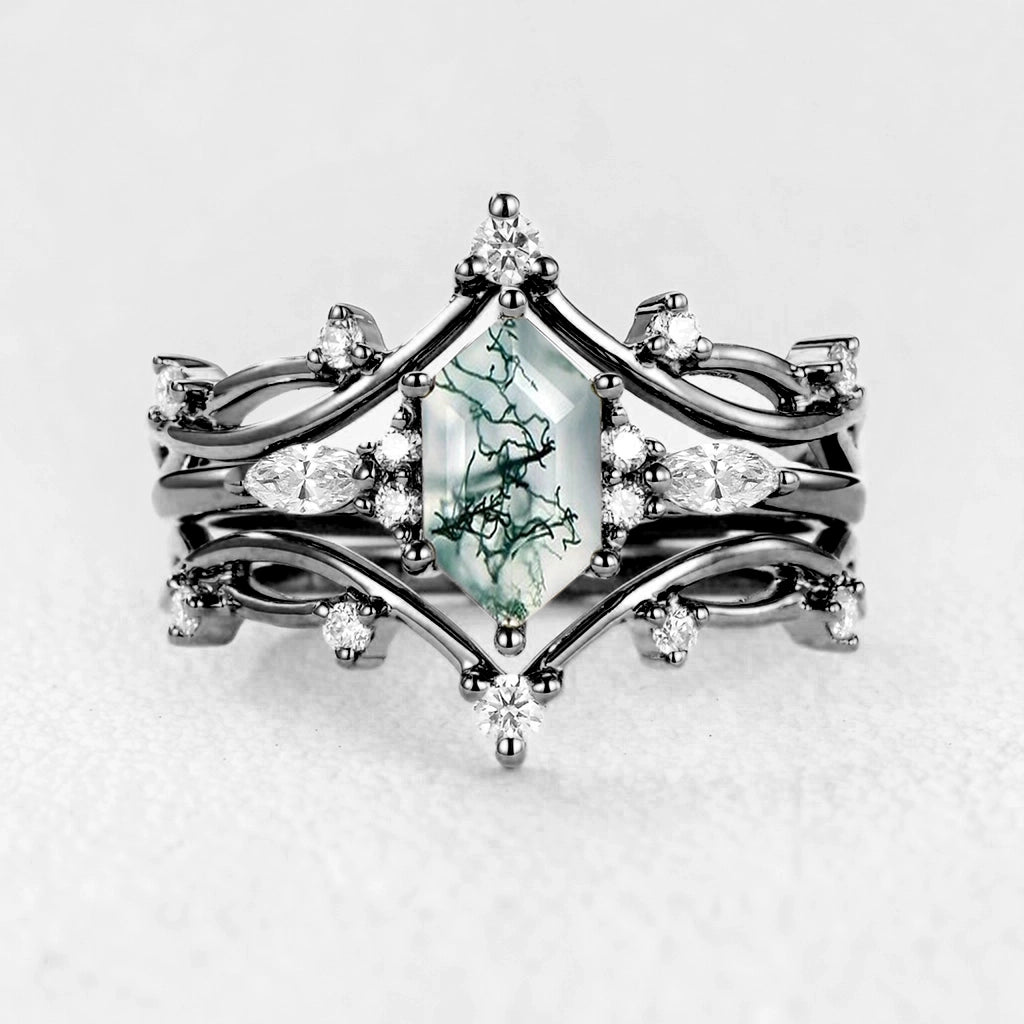 Ivy’s Entwined | Long Hexagon Moss Agate Leafy Bridal Set 3pcs.