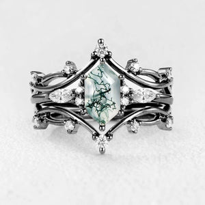 Ivy’s Entwined | Long Hexagon Moss Agate Leafy Bridal Set 3pcs.